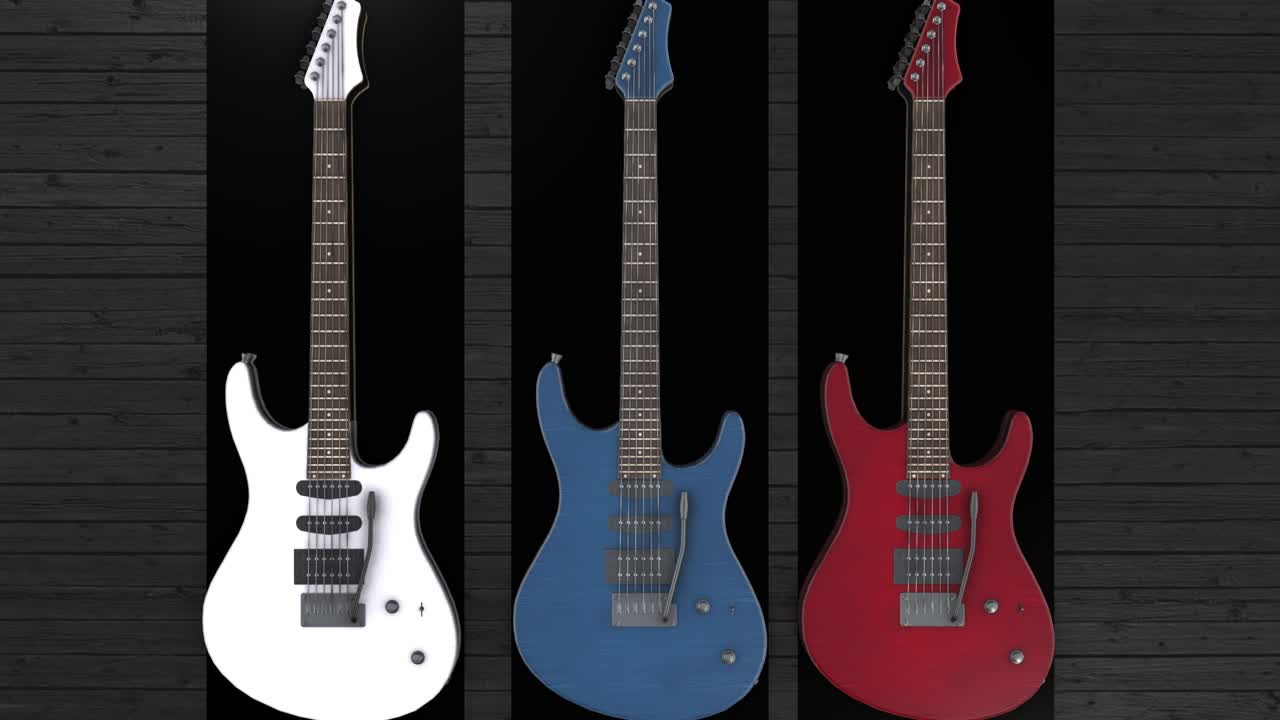 tres guitarras eléctricas colgando de una pared