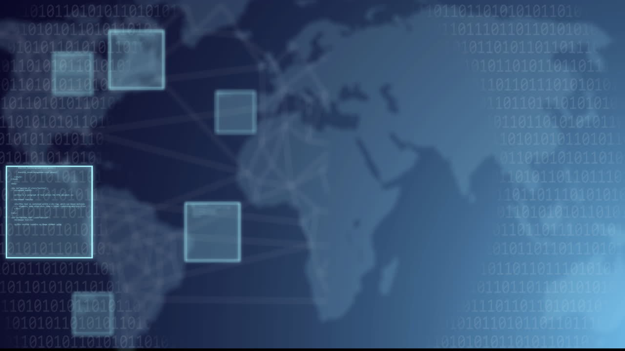 animación de cuadrados con procesamiento de datos sobre el mapa del mundo.