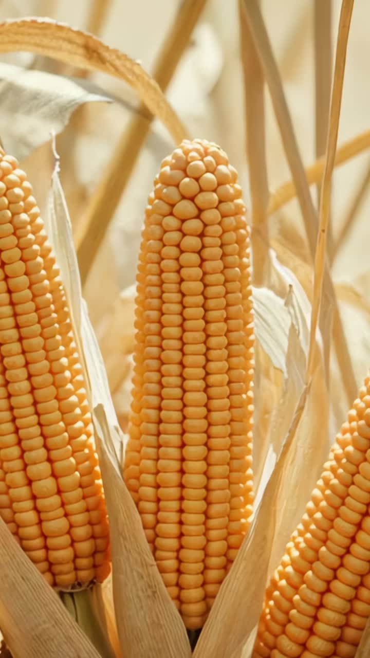 Vertical video: Glowing sun highlighting central ear in cornfield, showing husks kernels and stalks