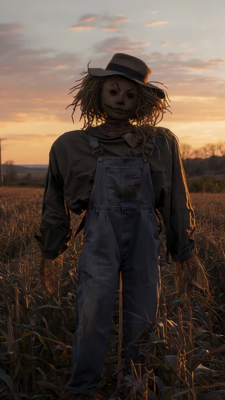 Vertical video: Camera pushing in and tilting up over cornfield at dusk, centering scarecrow mask