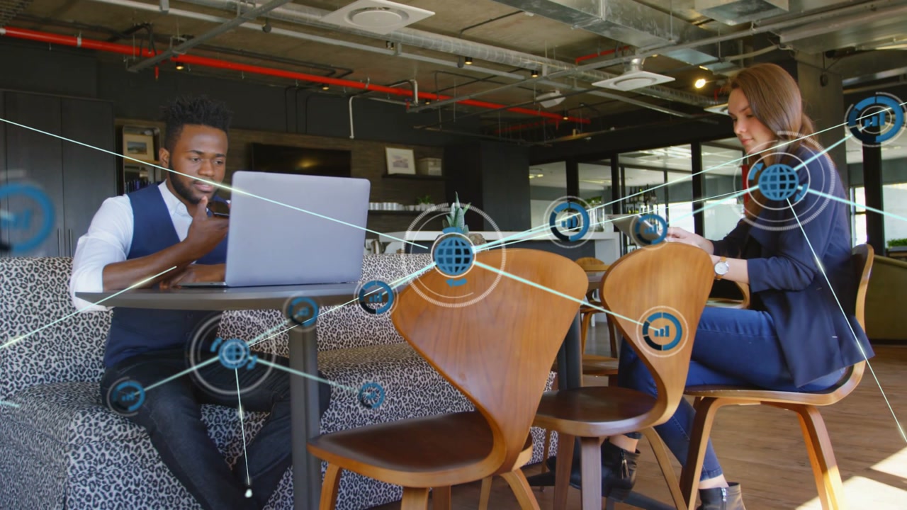 Vertical video: Tech graphic appearing between team, growing net and linking devices for teamwork