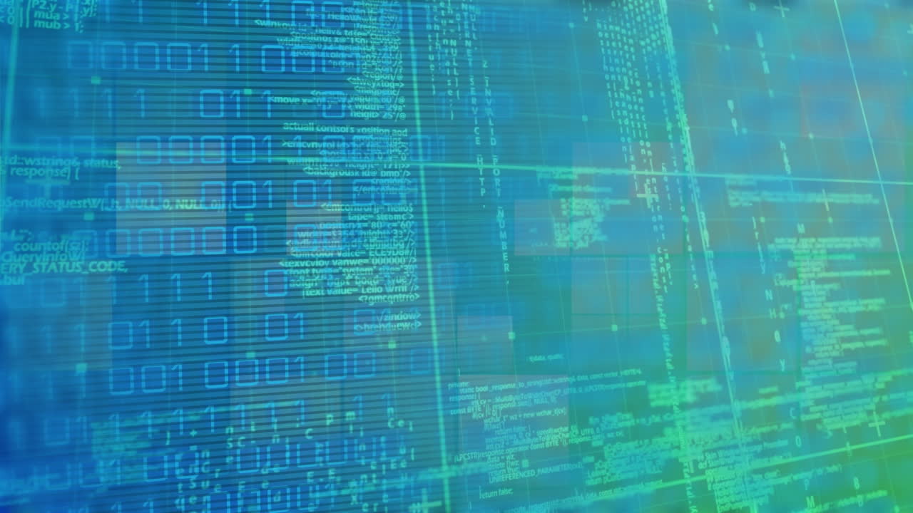 animación de código binario en una pantalla digital azul y verde