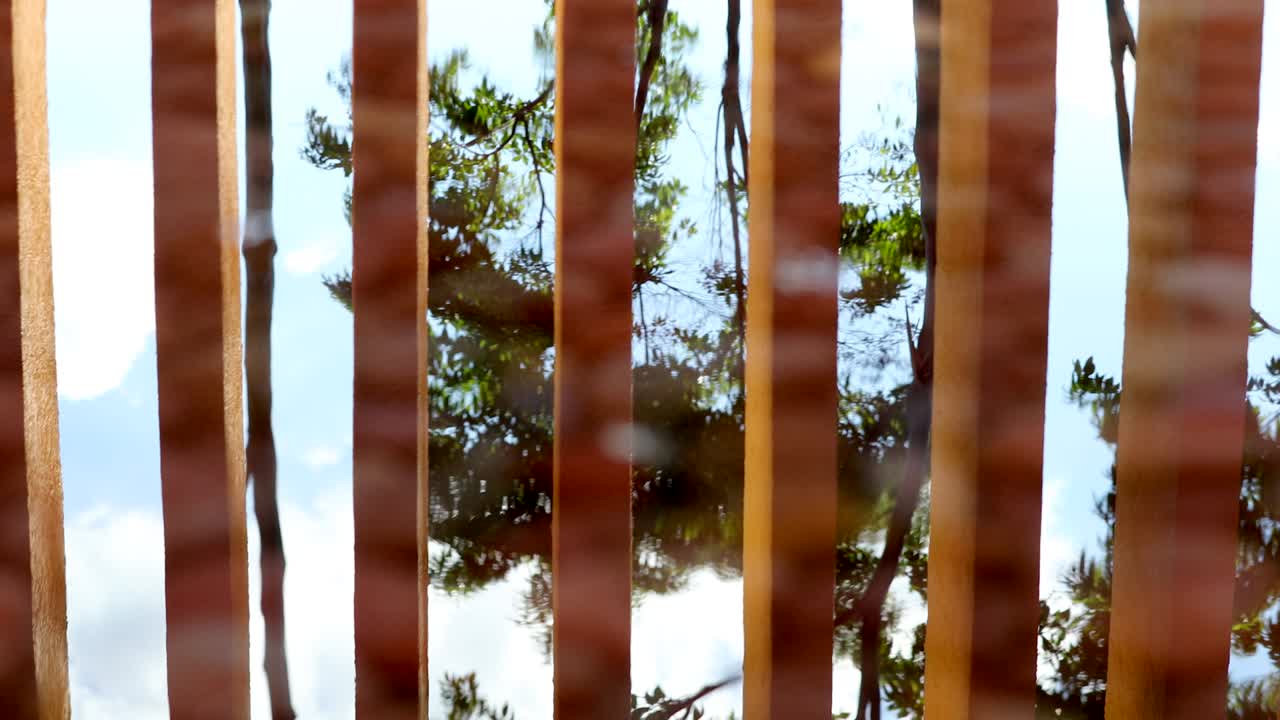 물 표면에 반사되는 오렌지색 건축 패턴의 기둥