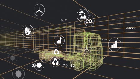 animación de la interfaz digital del coche y los iconos eco sobre el modelo 3d del coche