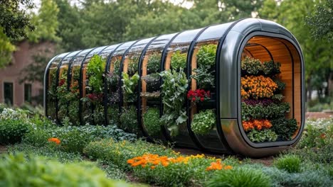 modern greenhouse design with lush plant life
