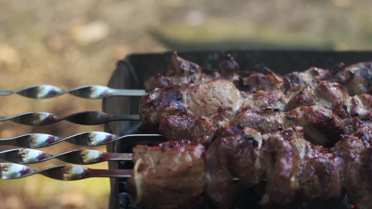 Carne fresca su spiedini che griglia su una griglia a carbone ardente. Preparazione ravvicinata di carne per barbecue.