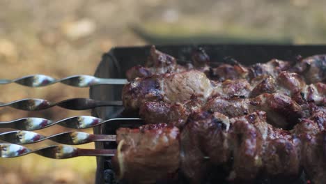 Carne-Fresca-En-Brochetas-Asada-A-La-Parrilla-De-Carbón-Caliente.-Primer-Plano-Preparación-Carne-Barbacoa