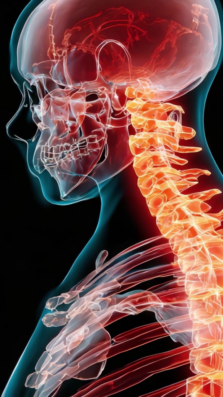 Illustrazione anatomica dello scheletro umano e della colonna vertebrale: una vista dettagliata della testa, del collo e della parte superiore del corpo umano con una vivace codifica a colori per chiarezza.