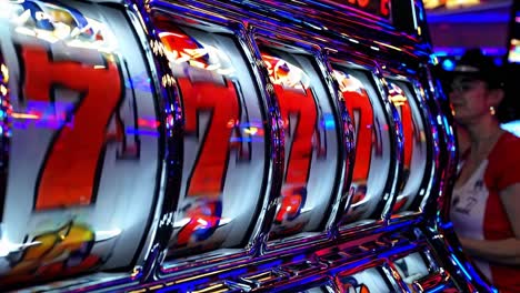 slot machine displaying four sevens suggesting a jackpot during gambling in a las vegas casino, creating an exciting and potentially lucrative moment for the gambler