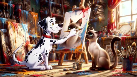 a playful scene in an artist's studio featuring a dalmatian dog painting a portrait of a siamese cat, amid colorful splatters and artistic chaos