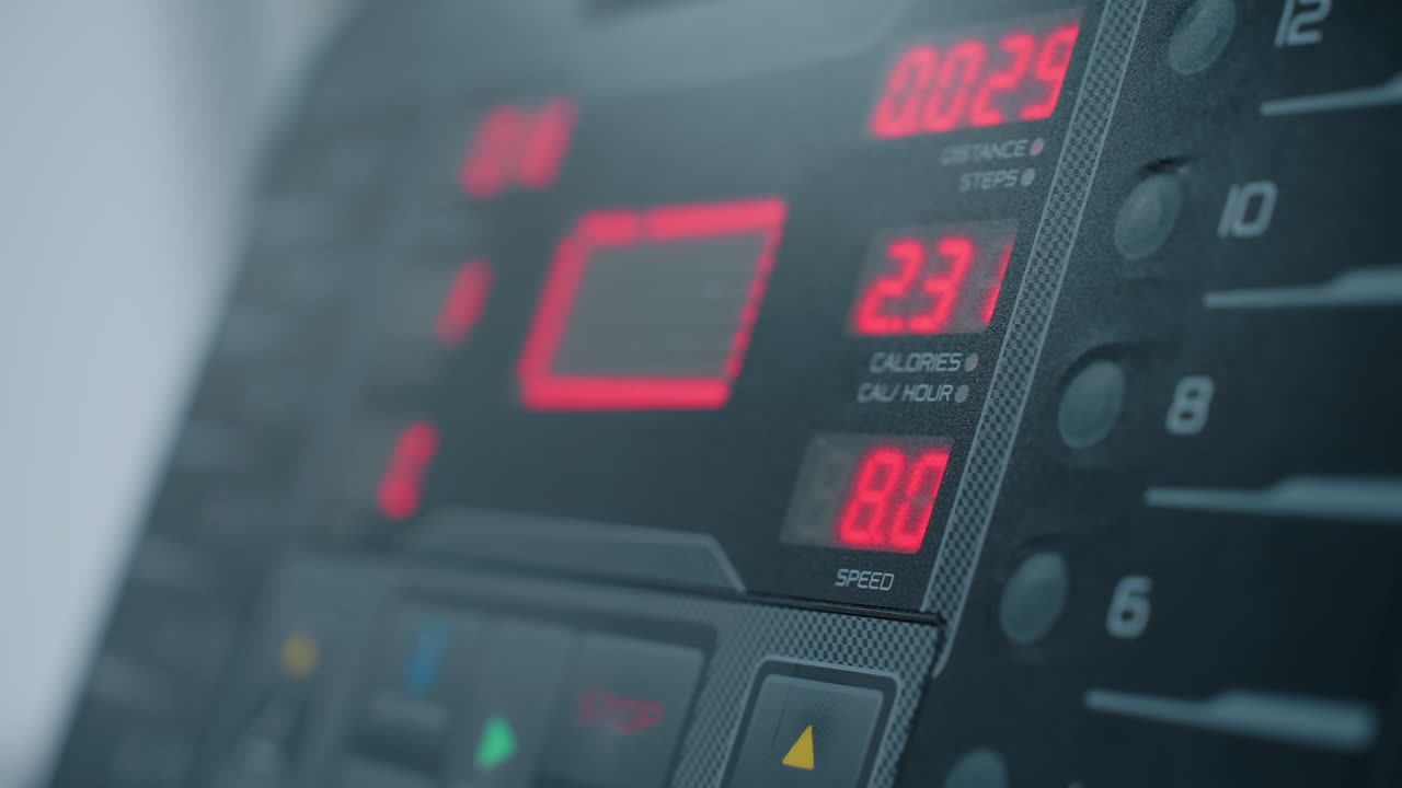 close up of treadmill console showing illuminated red digital readouts for distance steps calories speed and stop button detail, textured surface and blurred edge of control buttons