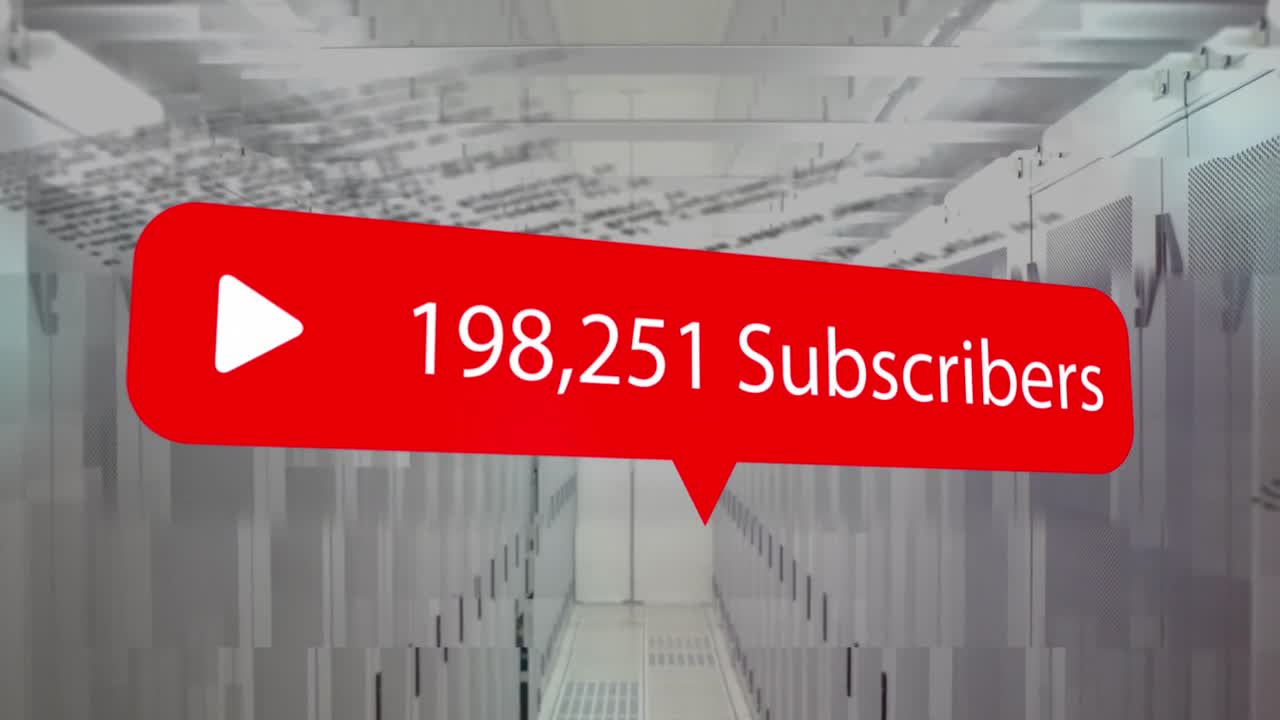Animation of play icon with increasing subcribers and data processing against computer server room