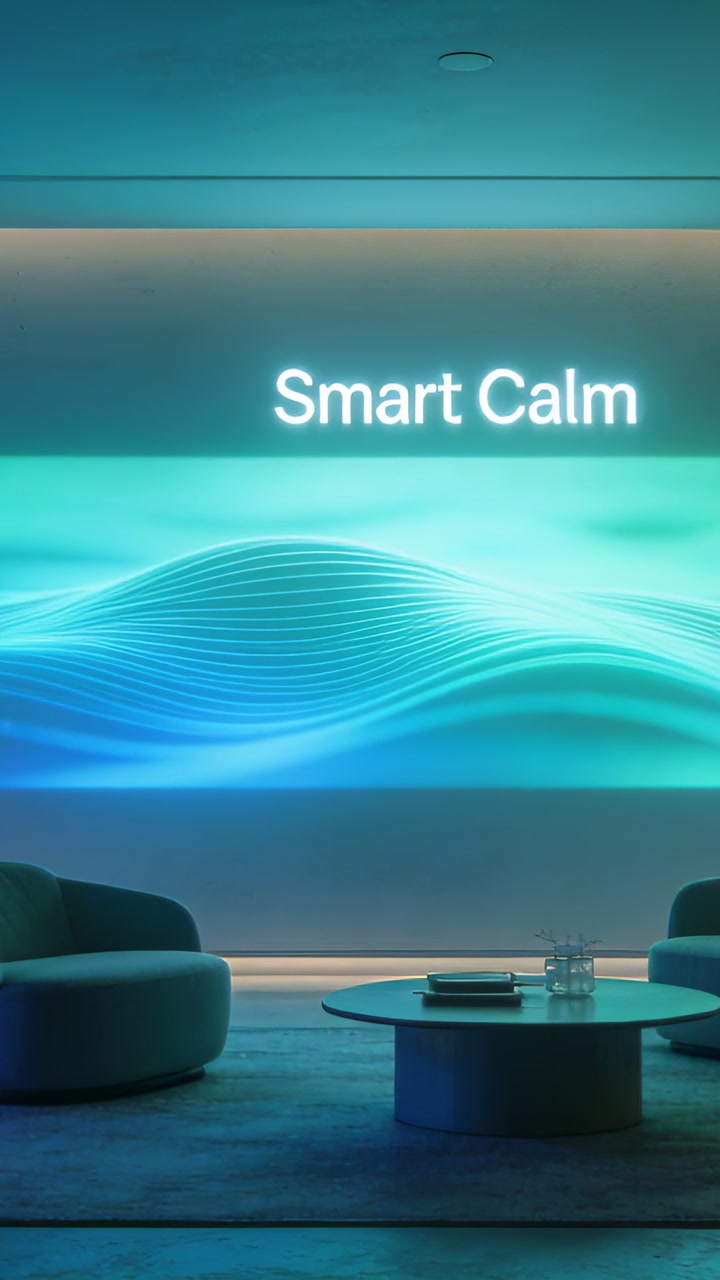 Vertical video: Animating Smart Calm panel shifting teal violet waves in room with chairs for calm