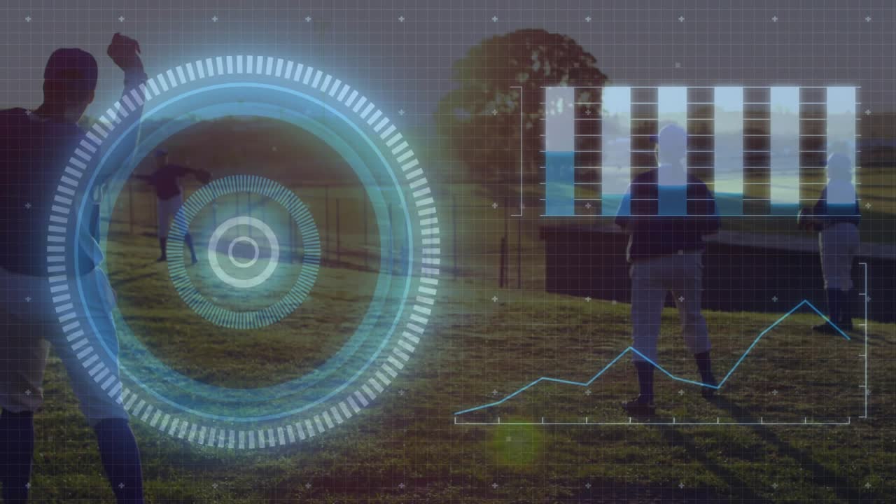 Female pitcher winding up and pitching for drill on sports field, HUD and charts syncing data