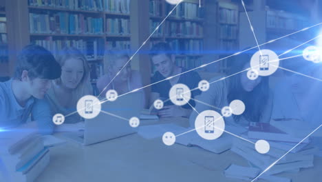 animation of network of connections over diverse students learning in library