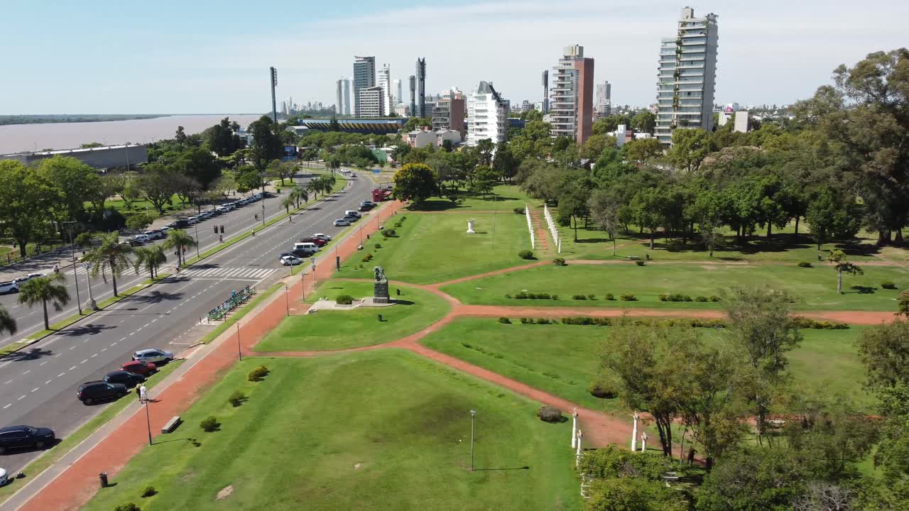 Aerial View of Rosario, Argentina: City Park and Riverfront