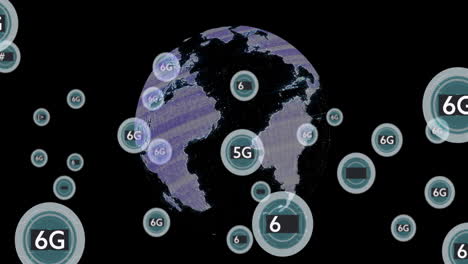 animation of 6g and 5g over globe on black background