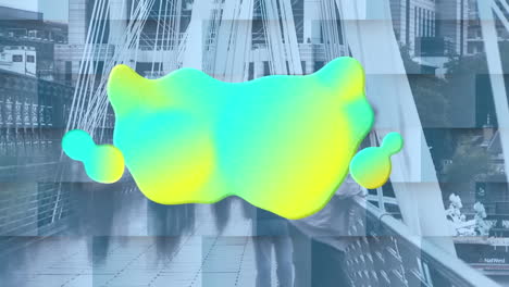 animatie van gele en blauwe vlek over mensen die op de brug lopen