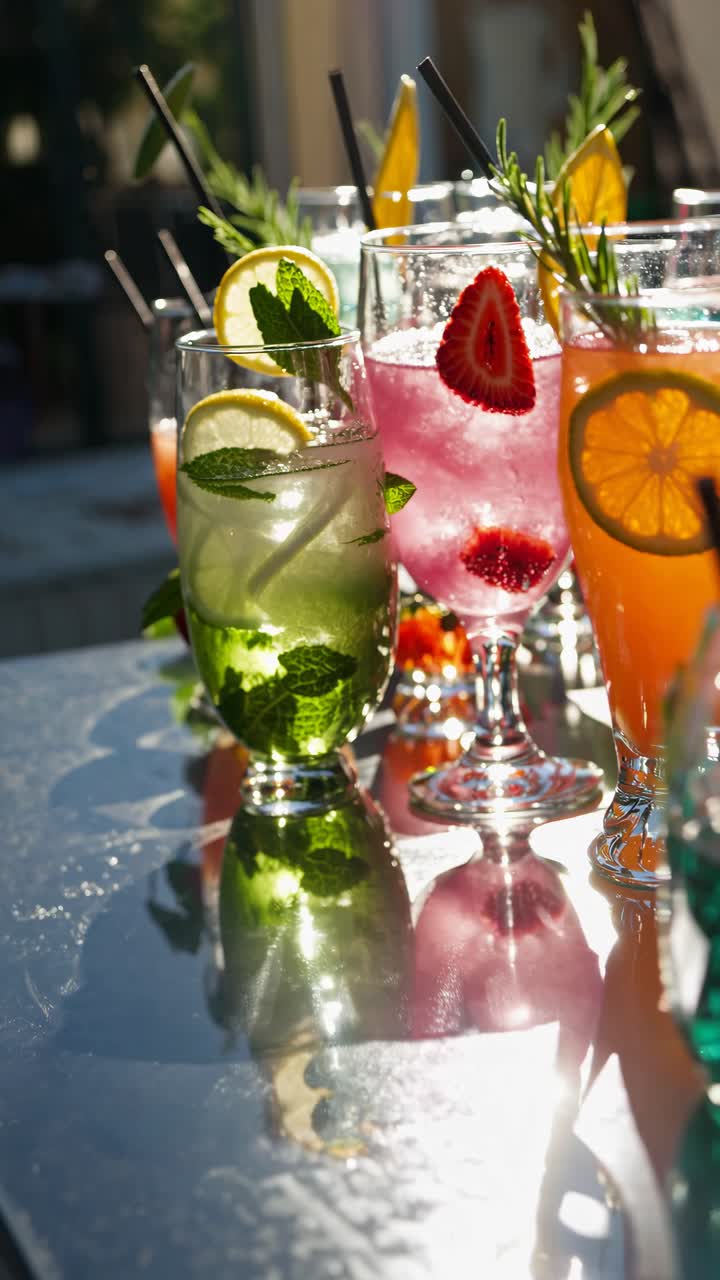 Vibrant cocktails on a reflective table in sunlight, captured from a low angle