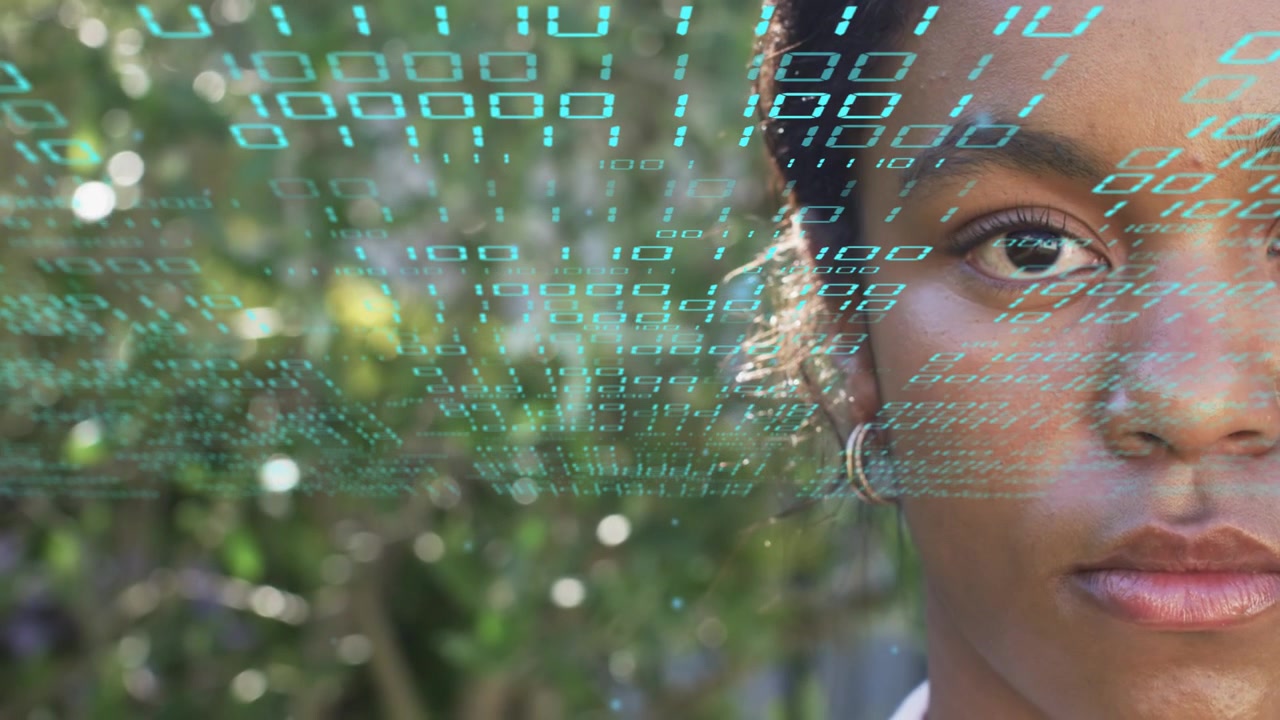 Woman opening eye and holding gaze, causing teal numeric overlay shifting as hologram, showing tech