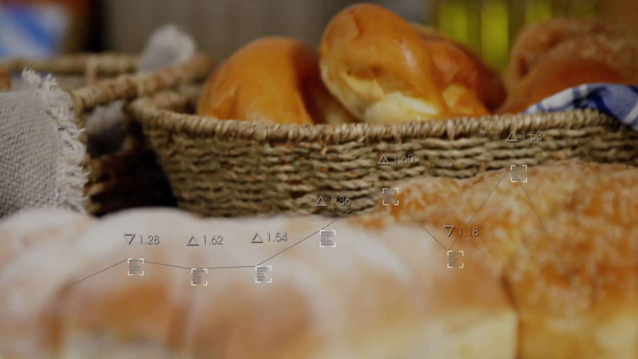 Freshly baked bread in wicker basket with data processing animation overlay