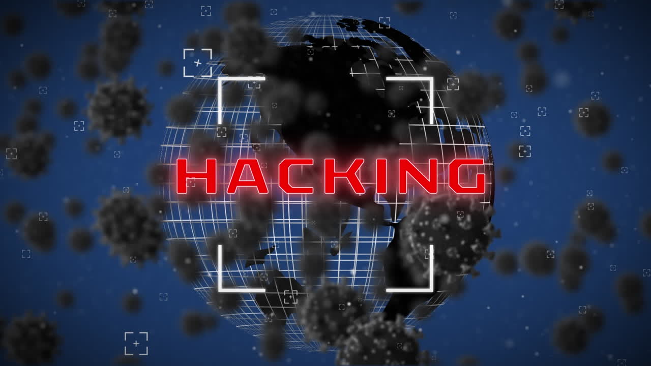 animazione di hacking sul globo che ruota su sfondo blu con virus