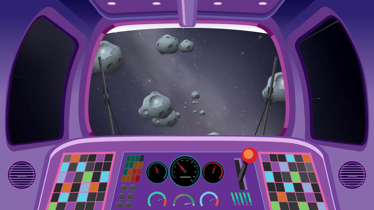 Cockpit de nave espacial em desenho animado navega através de asteroides voadores e rochas espaciais no espaço profundo