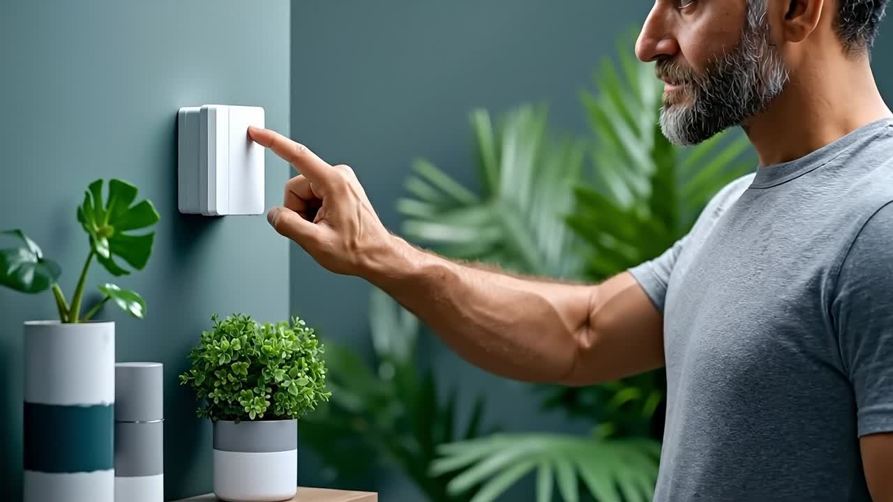 A man pointing at a smart home security system on a wall