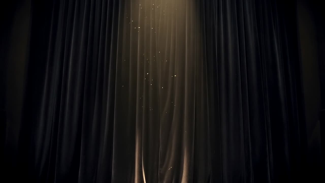 Spotlight turning on warmly bathing central stage curtain, revealing folds and drifting particles