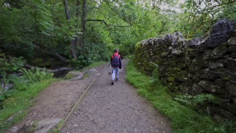 Imágenes-En-Cámara-Lenta-De-Un-Niño-Caminando-Por-Un-Camino-Rural-Con-Una-Pared-De-Piedra-Seca-A-La-Derecha