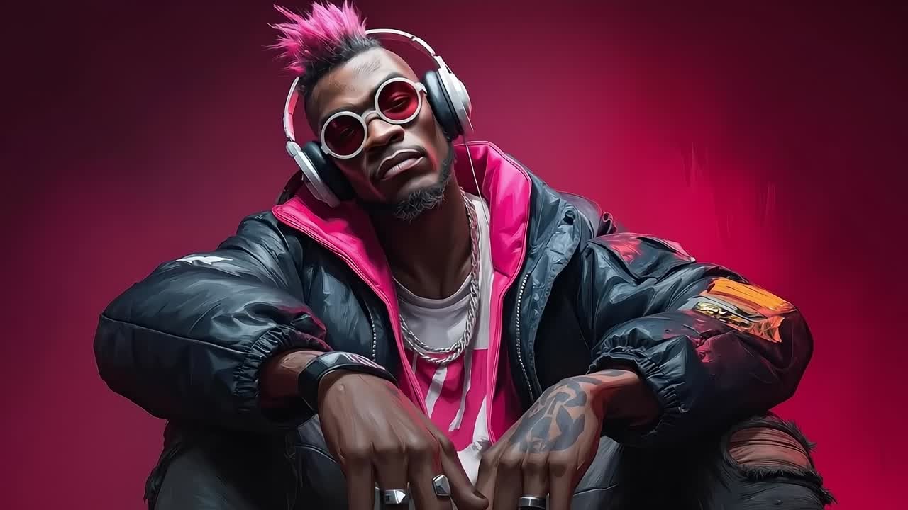 A man with pink hair wearing headphones and a black jacket