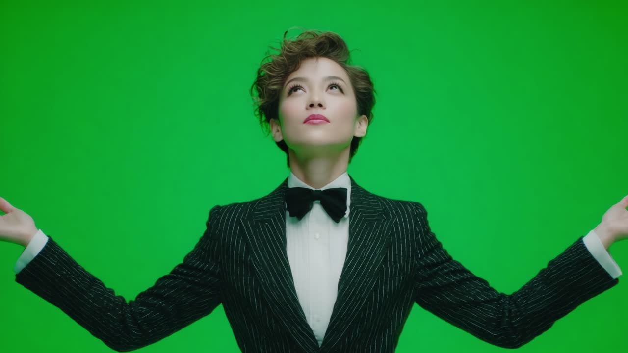 A confident individual in a dapper tuxedo showcases charisma against a vibrant green background, expressing poise and elegance in a mesmerizing frame of self-assurance