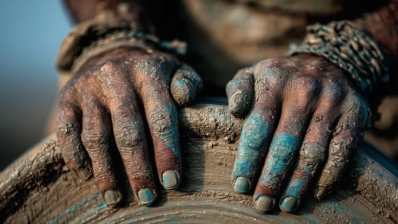 An Artisan's Craft: Close-Up of Muddy Hands Shaping Clay on a Pottery Wheel, Capturing the Essence of Traditional Artistry and Craftsmanship