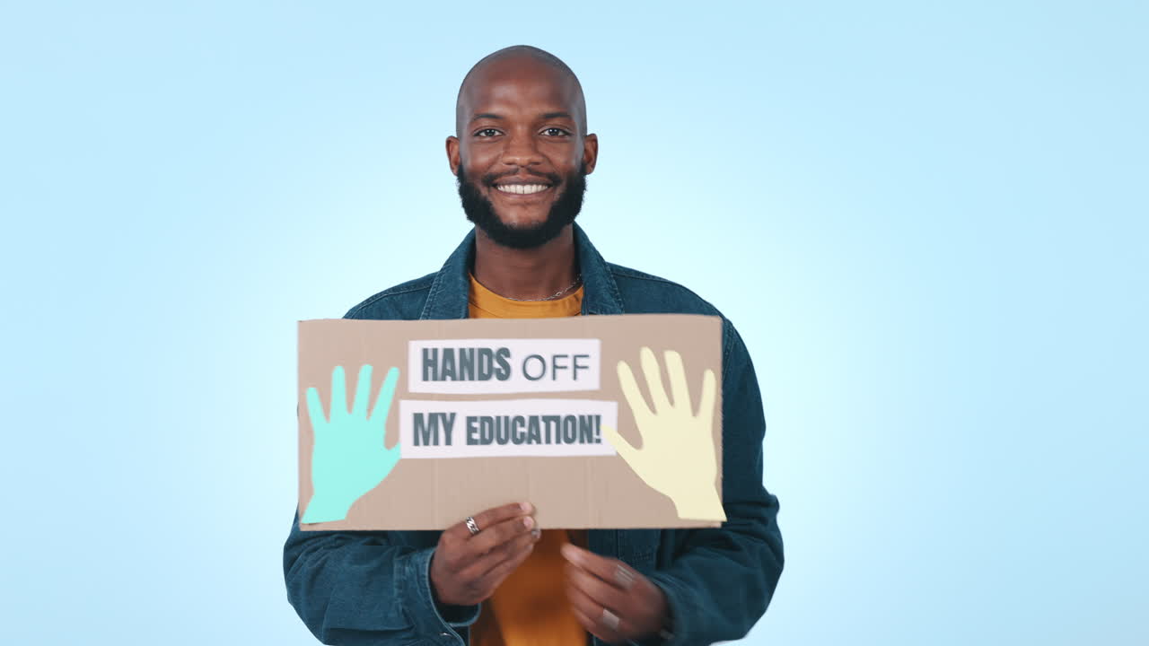 Education, student and poster with face of black