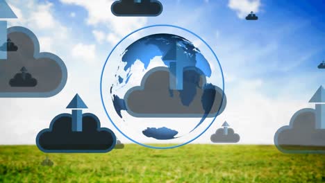 animation of cloud icons and arrows over globe and landscape