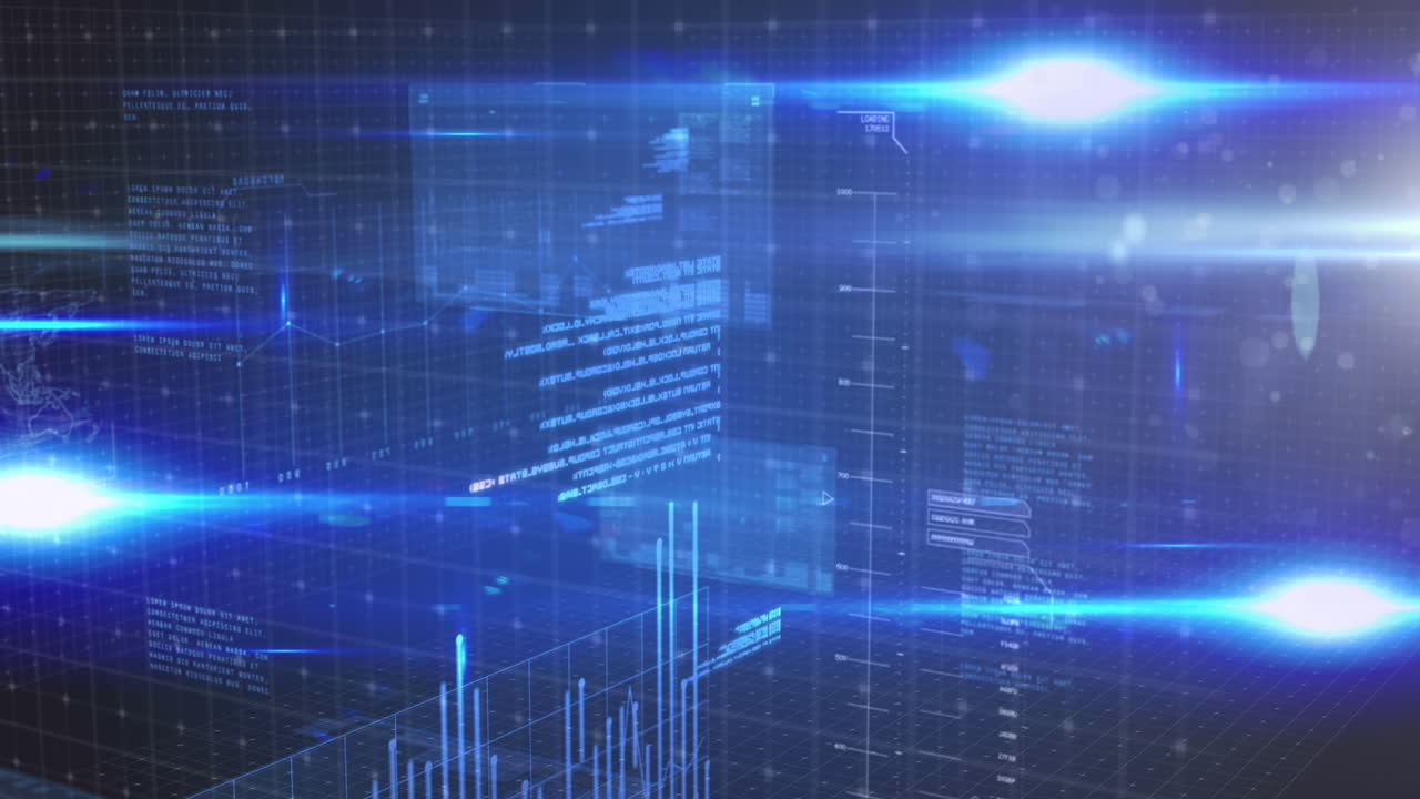파란색 배경 위의 디지털 데이터 처리의 애니메이션
