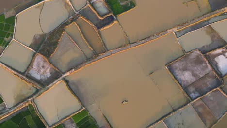 Vista-Aérea-De-La-Tierra-Tradicional-De-Granjas-Acuáticas-En-El-Pueblo-De-Bangladesh,-Estructura-Con-Estanques-De-Agua-Y-Campos-De-Cultivo