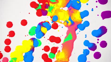 top view  of various colors of oil paints are dripping onto the white paper and spinning in circles, the colors melt together.