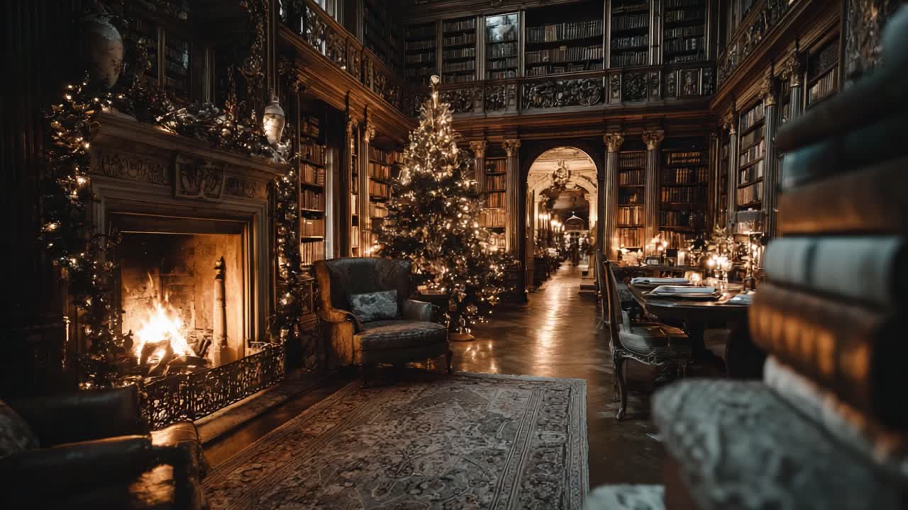 A Warm Holiday Evening in an Elegant Library Filled with Christmas Cheer and Brightly Lit Decorations, Creating a Cozy Atmosphere for Festive Gatherings