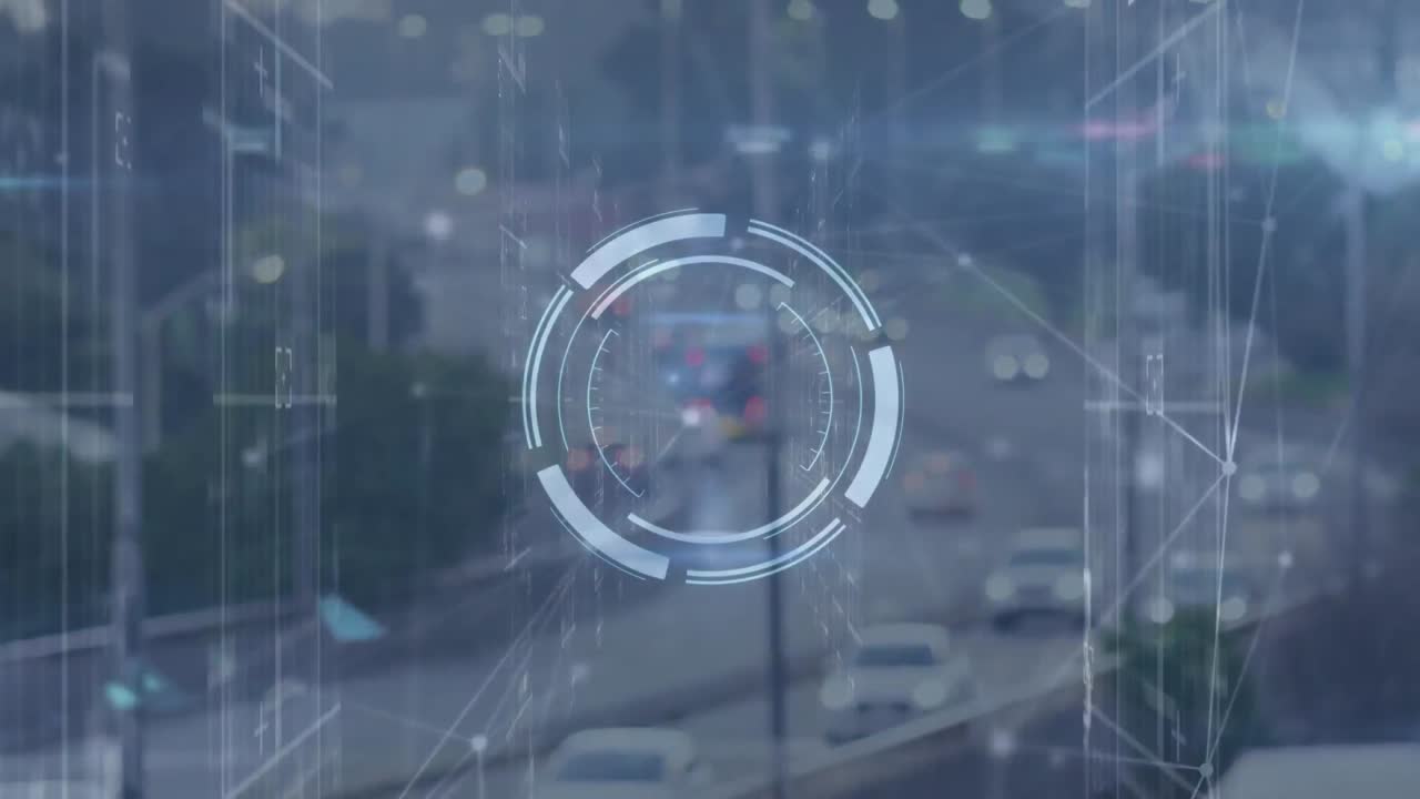 Animation of round scanner and network of connections over aerial view of city traffic