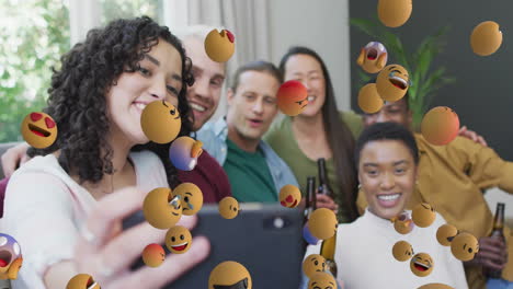 taking group selfie, friends surrounded by floating emoji animation