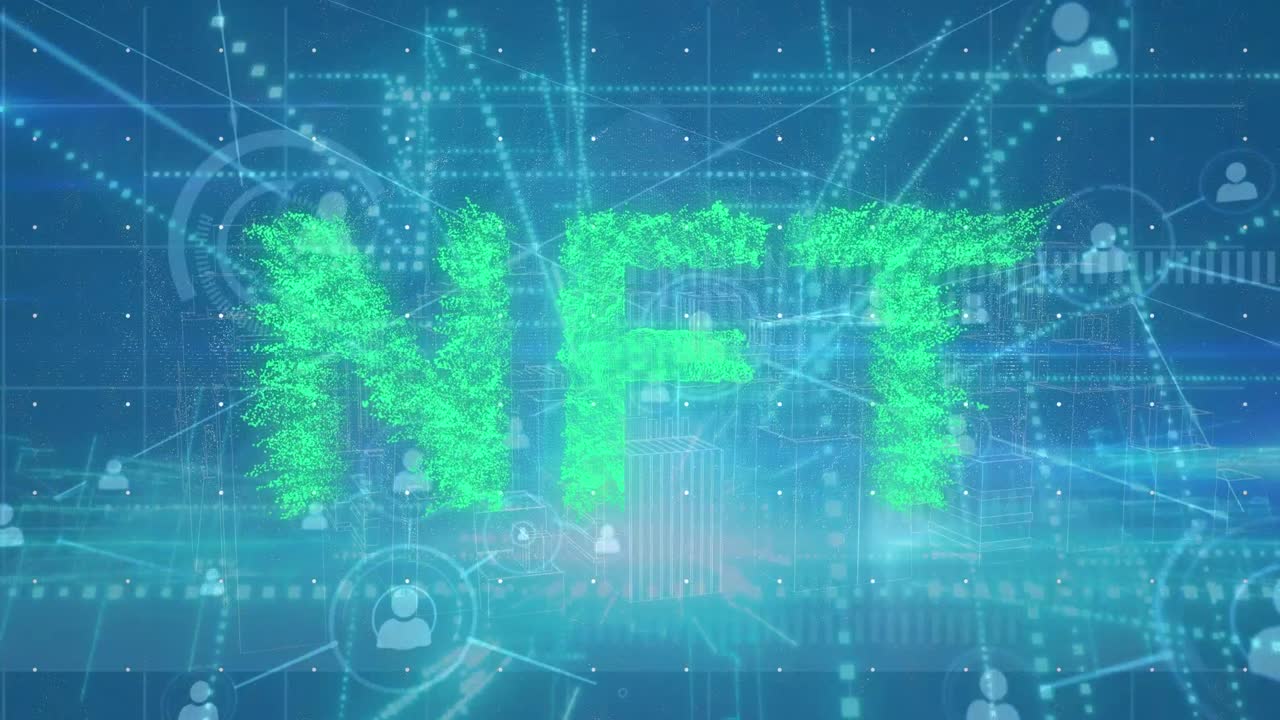 animación de la red de conexiones y texto nft sobre fondo azul