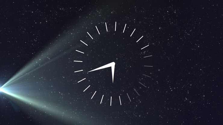 Animation of clock moving over stars and light on black background