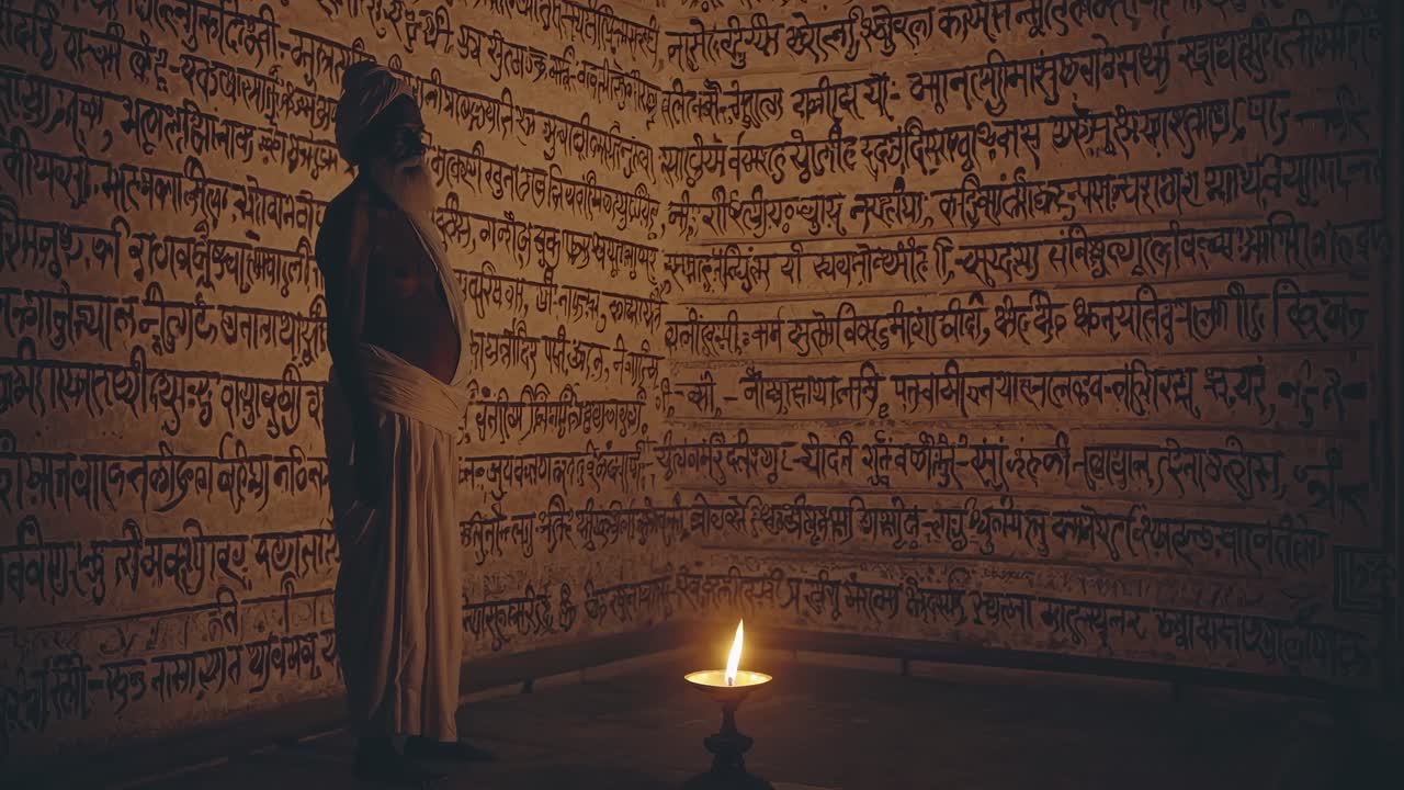 Wise guru meditating in a dimly lit sanctum, surrounded by ancient scriptures and a softly burning oil lamp, creates a serene and spiritual atmosphere