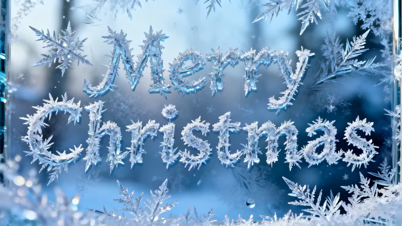 Moving camera zooming toward frosty Merry Christmas lettering on window pane, revealing droplet