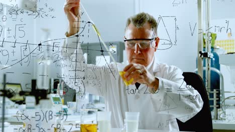 Animation of mathematical equations on caucasian male scientist performing experiment at laboratory