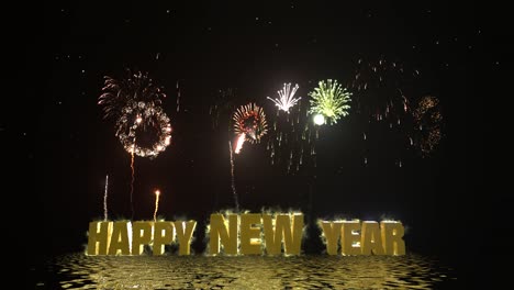 fireworks firing from water surface and exploding on night sky with happy new year glowing text, glowing stars, water reflections, and firework sparkle trails 3d animation