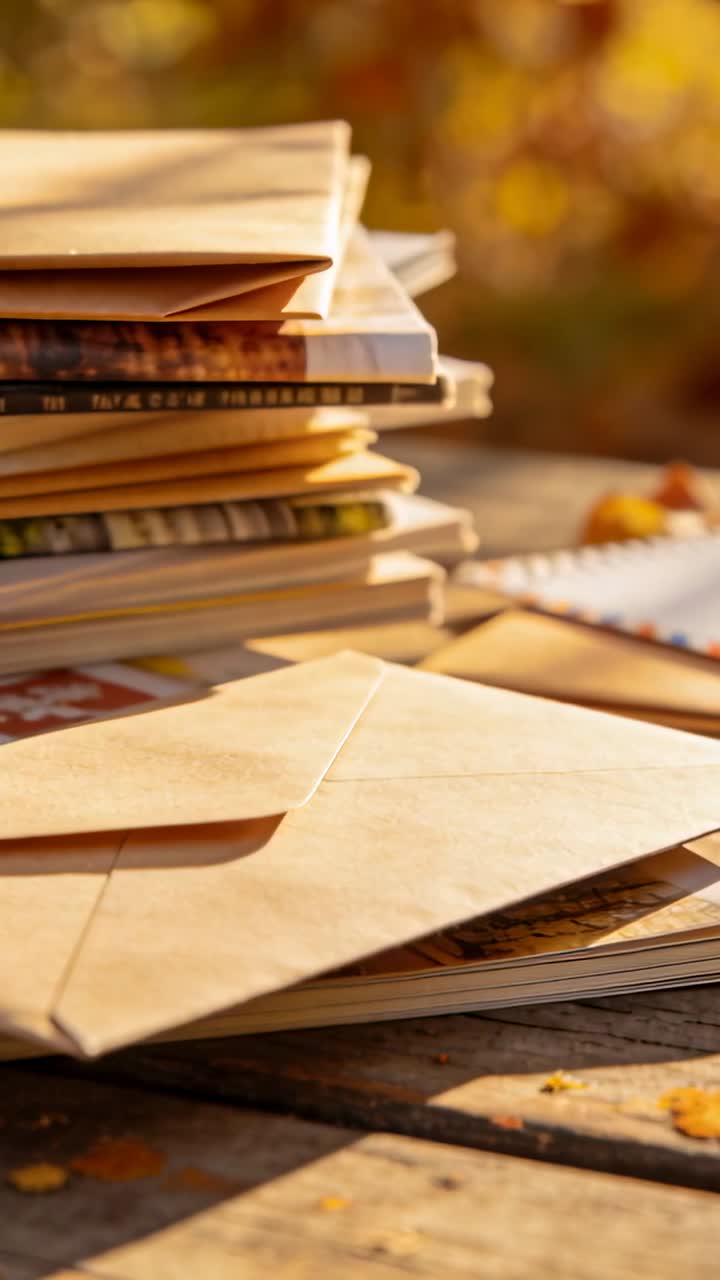 Vertical video: Pulling camera revealing kraft envelopes, magazines, notebook on wood table, leaves