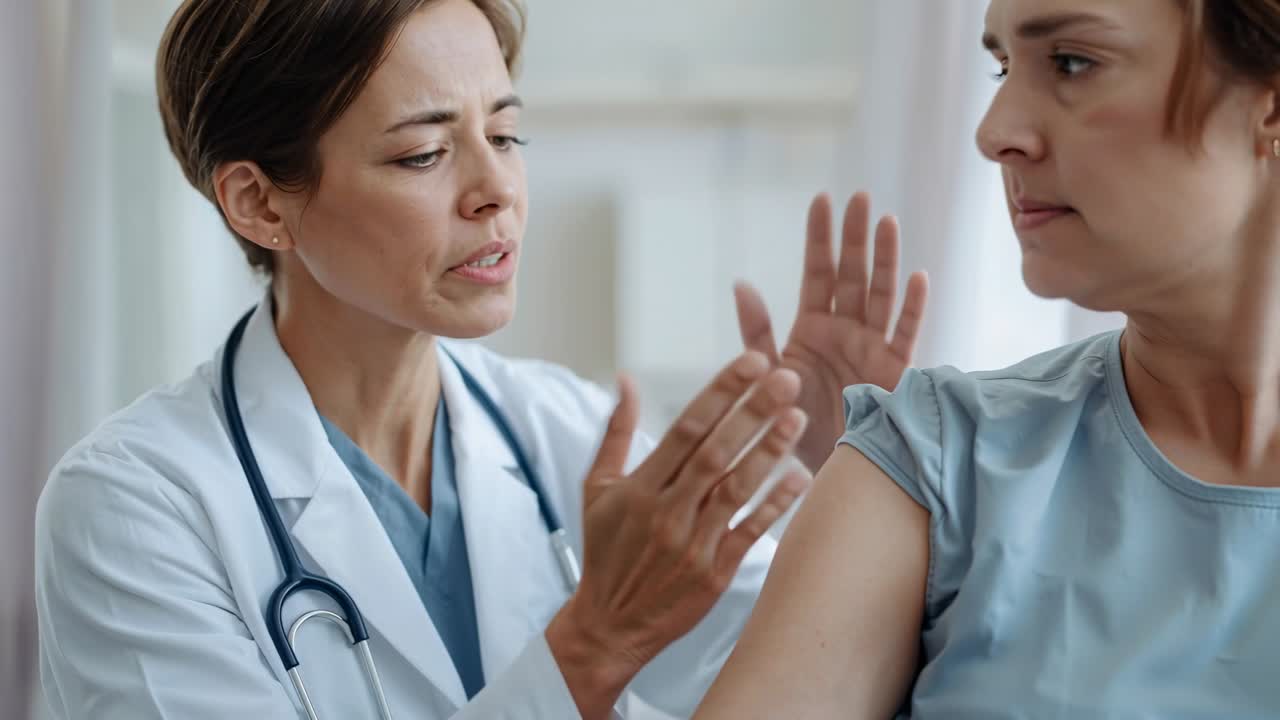 Placing hand, clinician palpating and assessing patient's exposed deltoid in clinic in white coat