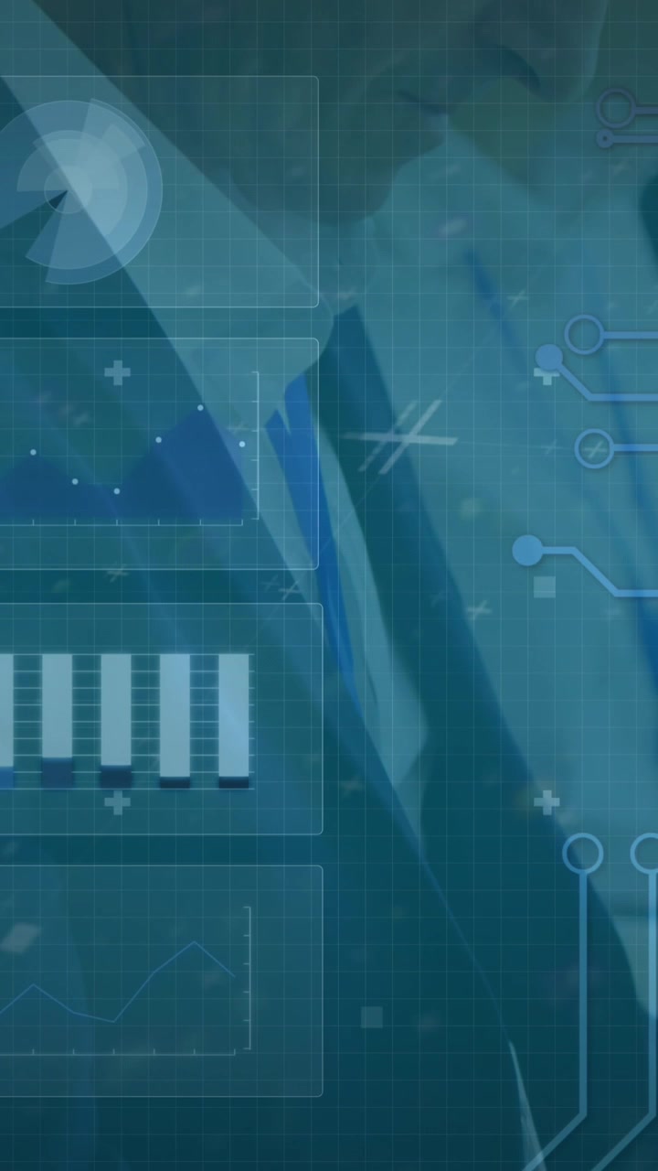 Animation of data processing on digital screen over caucasian businesspeople during presentation